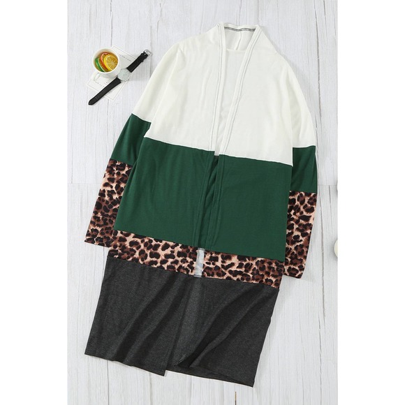 Leopard Color Block Open Front Longline Cardigan - Picture 5 of 9